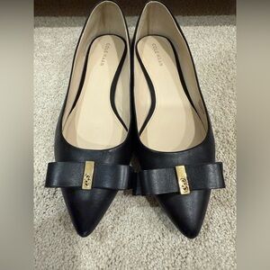 Cole Haan Black Leather Flats with Bow and Gold Detail